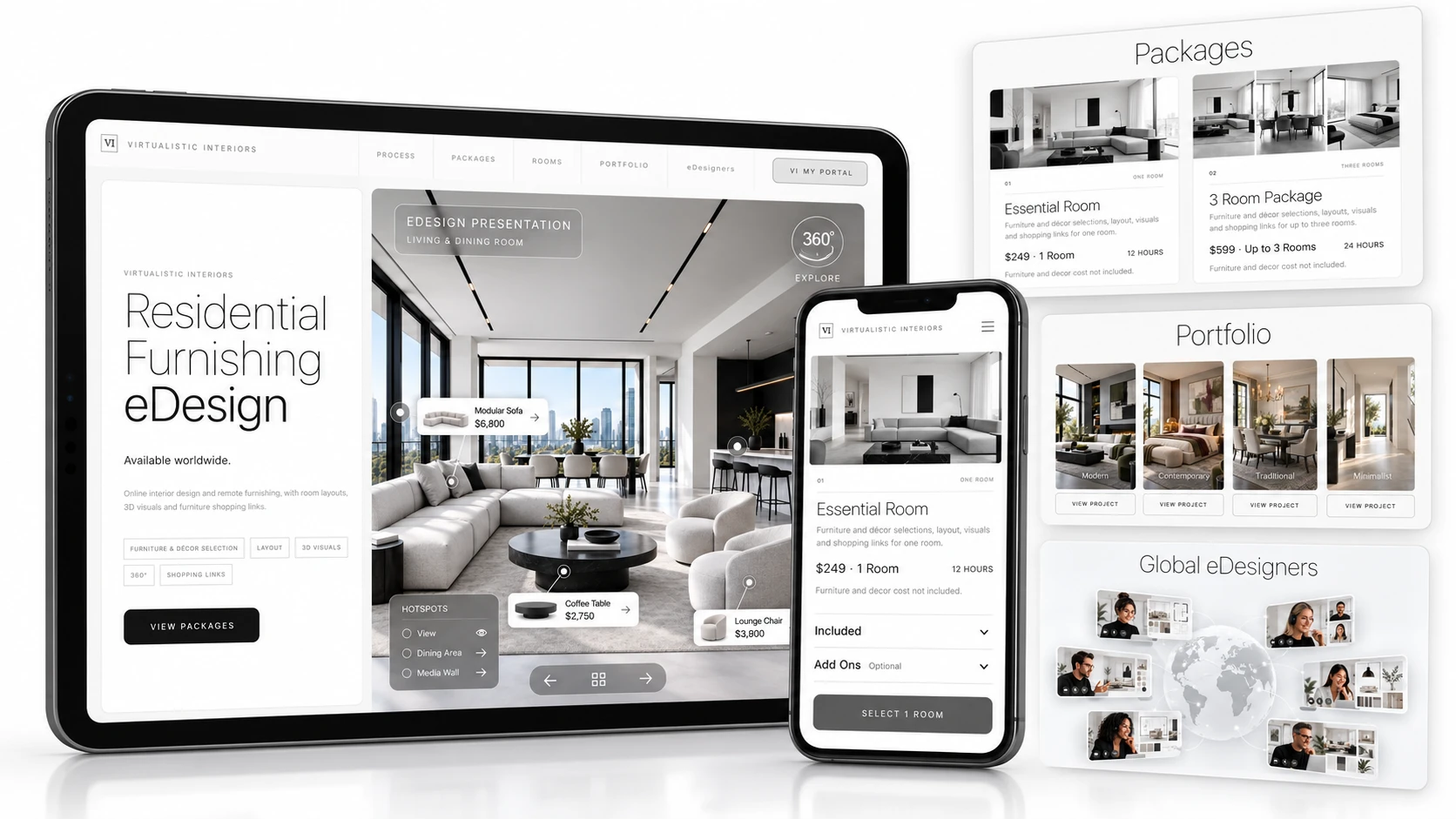 Virtualistic Interiors eDesign platform with packages, portfolio and global eDesigners on tablet and mobile